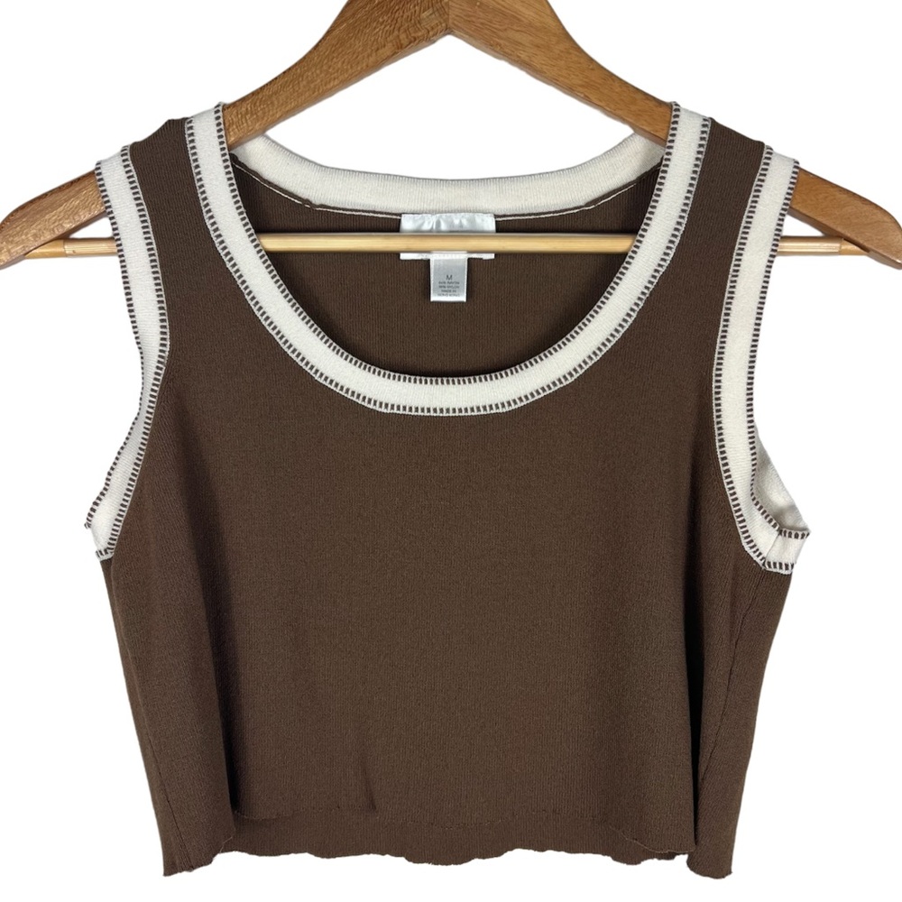 Ann Taylor Loft Sweater Tank Women M Brown Cream Trim Cropped Knit Scoop Neck
